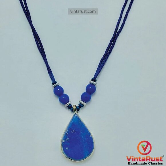 Lapis Lazuli Tear Drop Pendant Necklace: Beaded Gemstone Jewelry - Picture 7 of 11